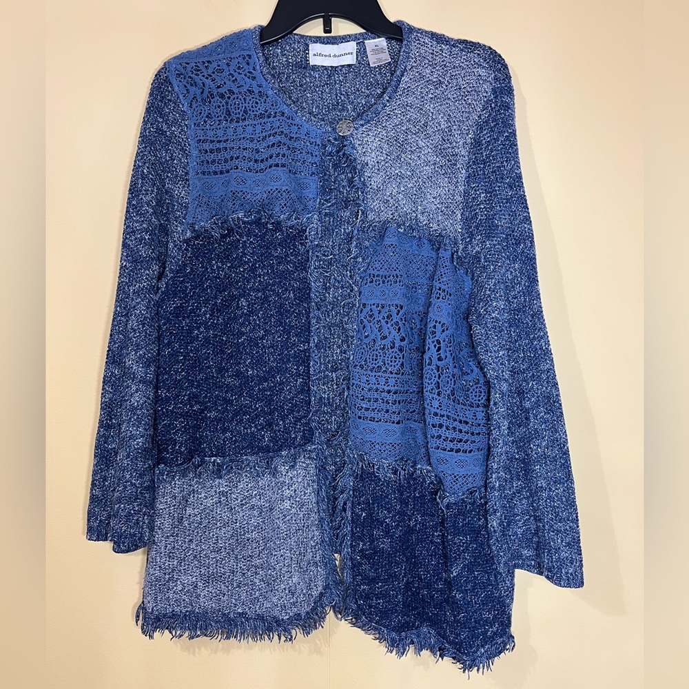 Alfred Dunner Blue Sweater Open Cardigan M Knit Fringe Patchwork Pre-owned